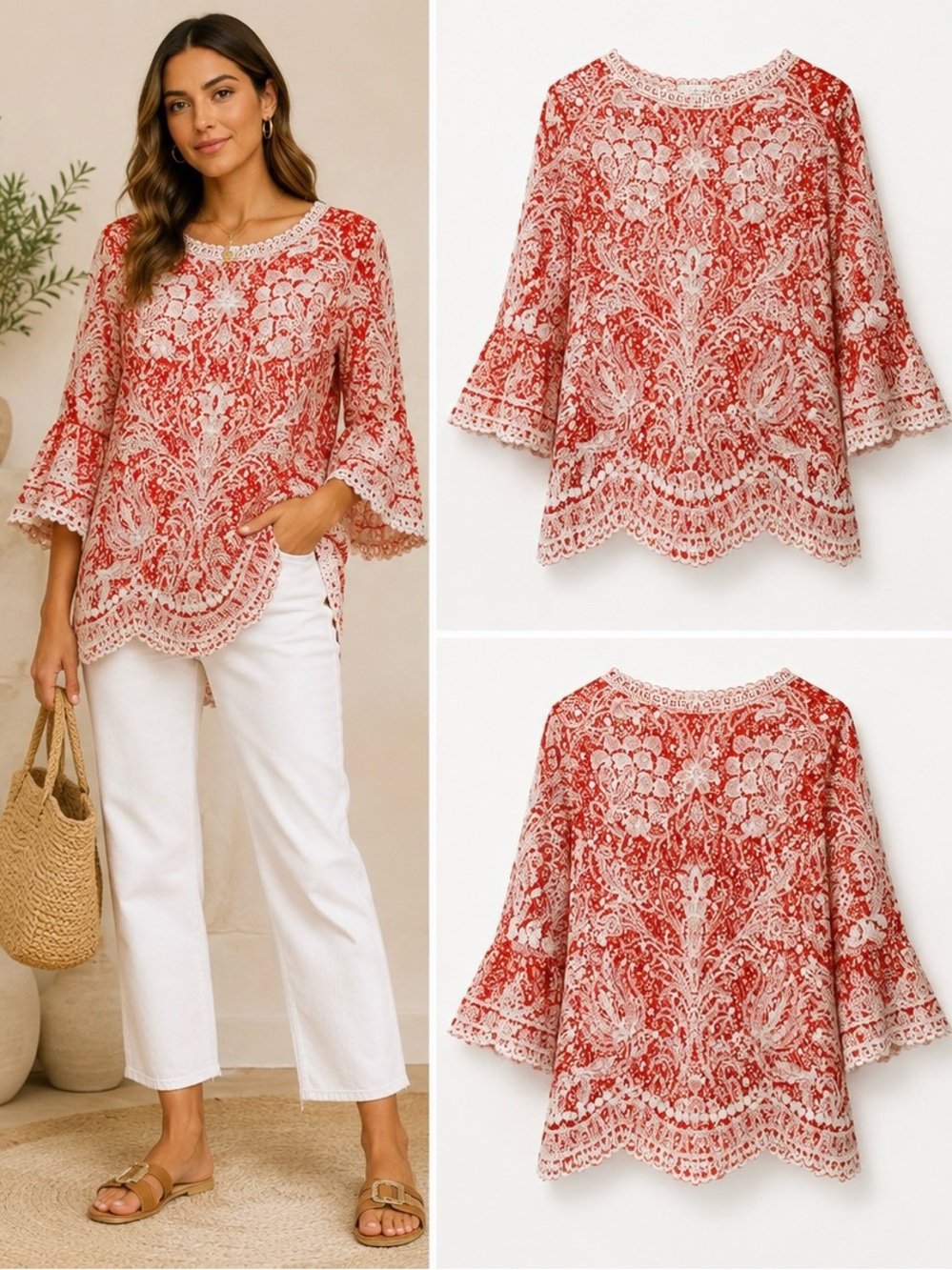 Solitaire Red Ivory Embroidered Boho Tunic Blouse Bell Sleeve Size L